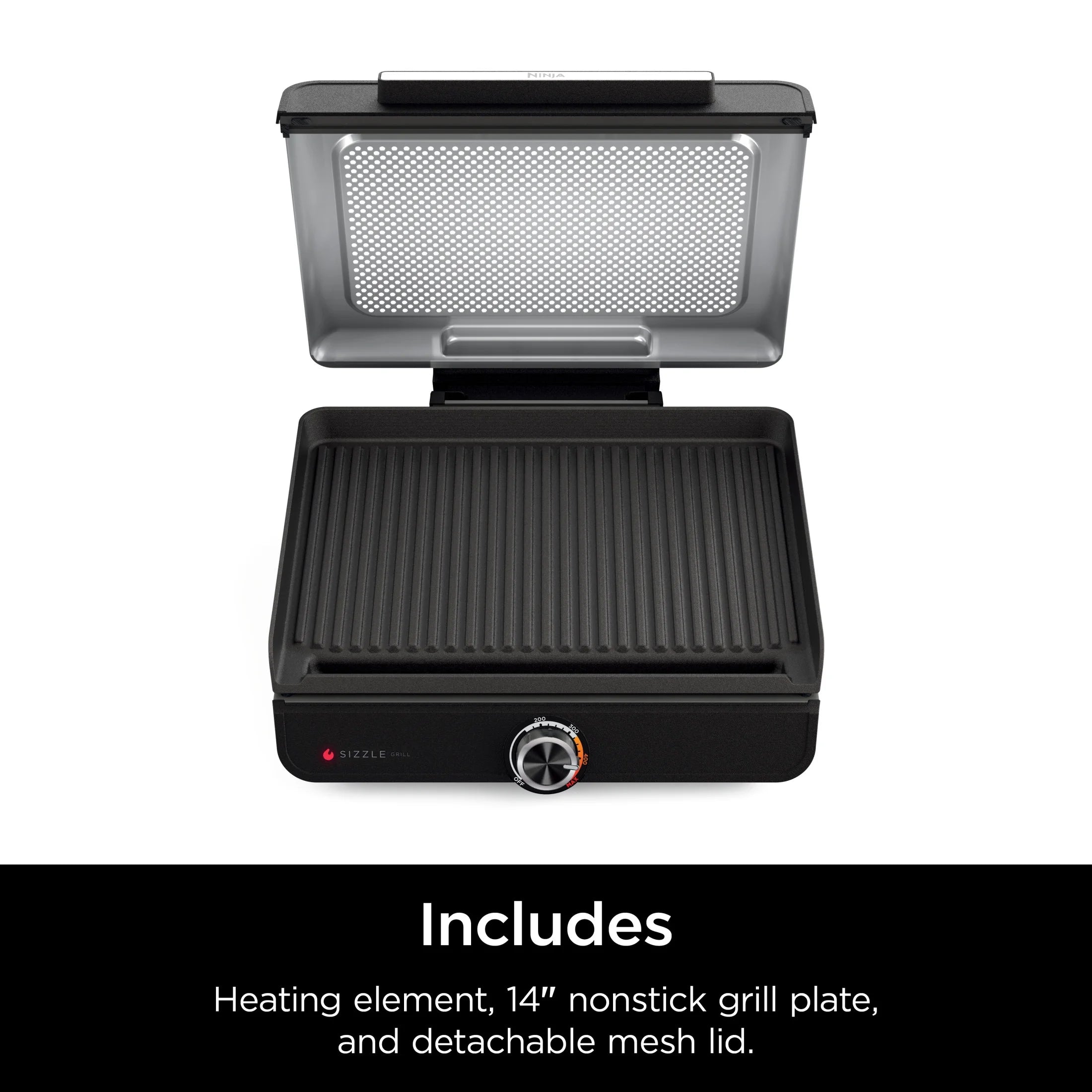 Ninja Sizzle Indoor Grill, 14'' Nonstick Grill Plate, Dishwasher-Safe Removable Mesh Lid, Even Edge-to-Edge Cooking, Black/Silver, GR100