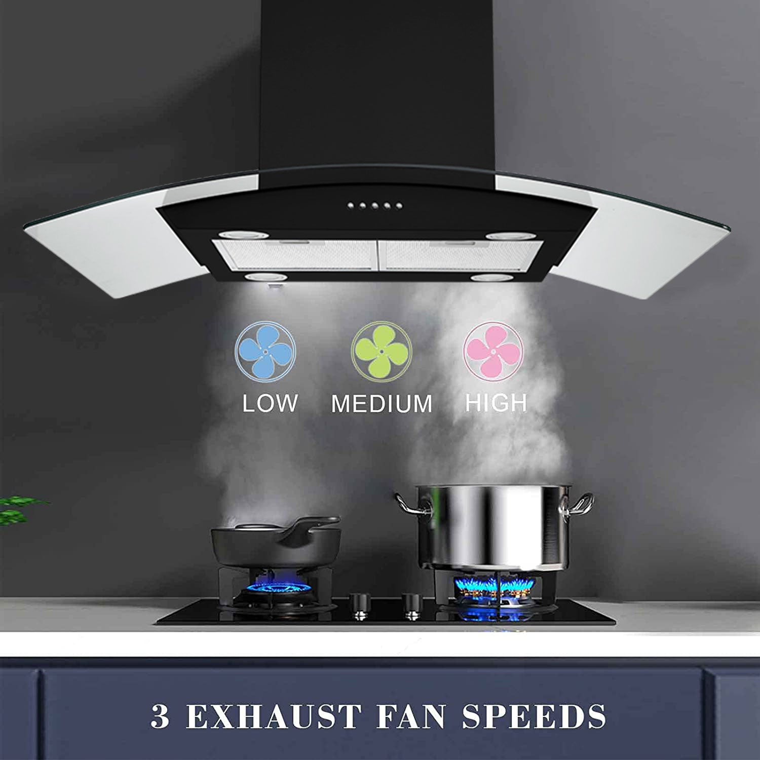 Island Range Hood 30-inch Kitchen 3-Speed Extractor Fan Vent Hood Airflow 900CFM