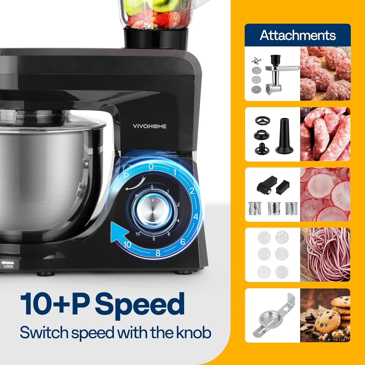 SPECSTAR 6 in 1 Multifunctional Stand Mixer with 8.5 Quart Stainless Steel Bowl, 660W 10 Speed Tilt-Head, Silver