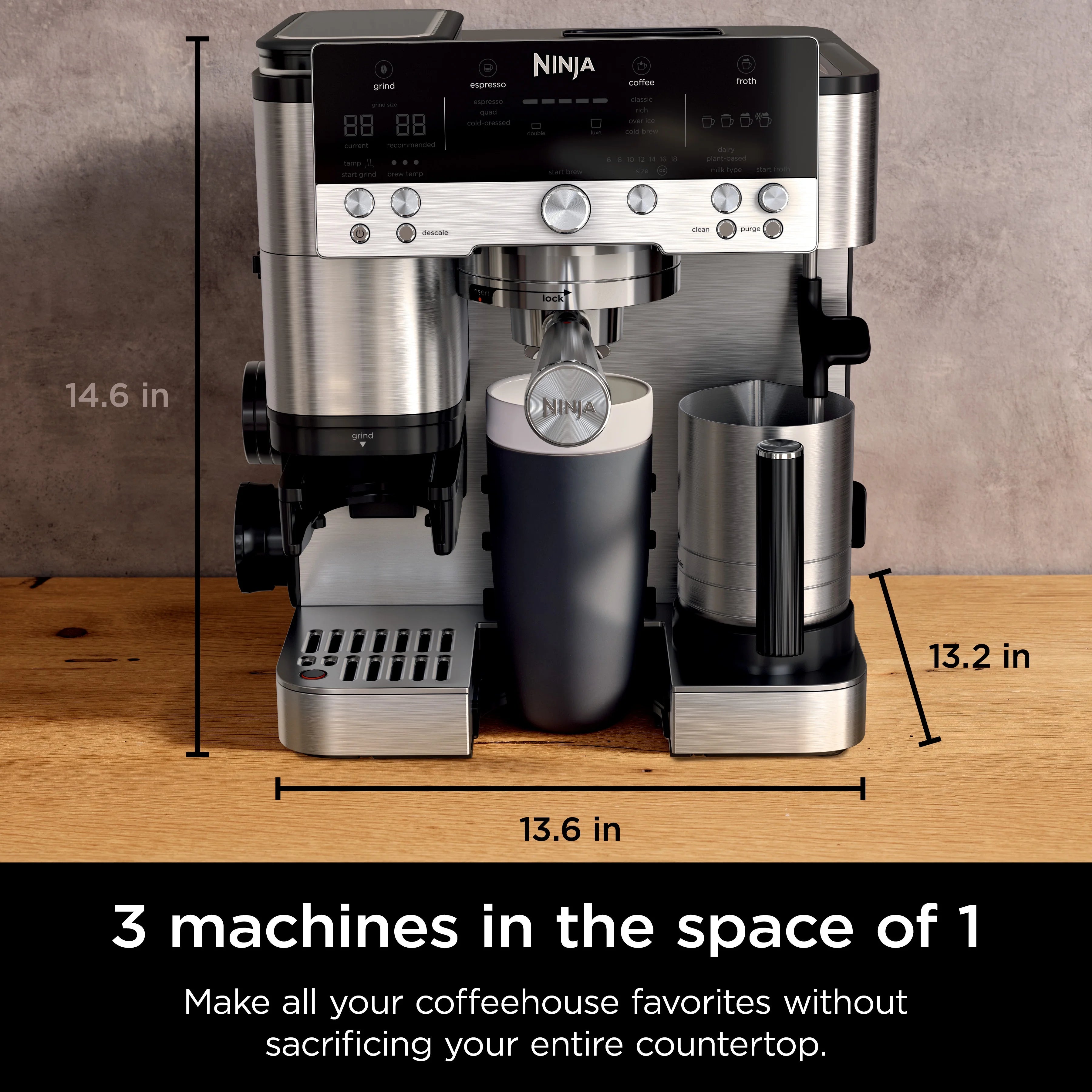 Ninja Luxe Cafe Premier Series, Stainless Steel Espresso Machine and Drip Coffee Maker with integrated Coffee Grinder and Milk Frother, ES601
