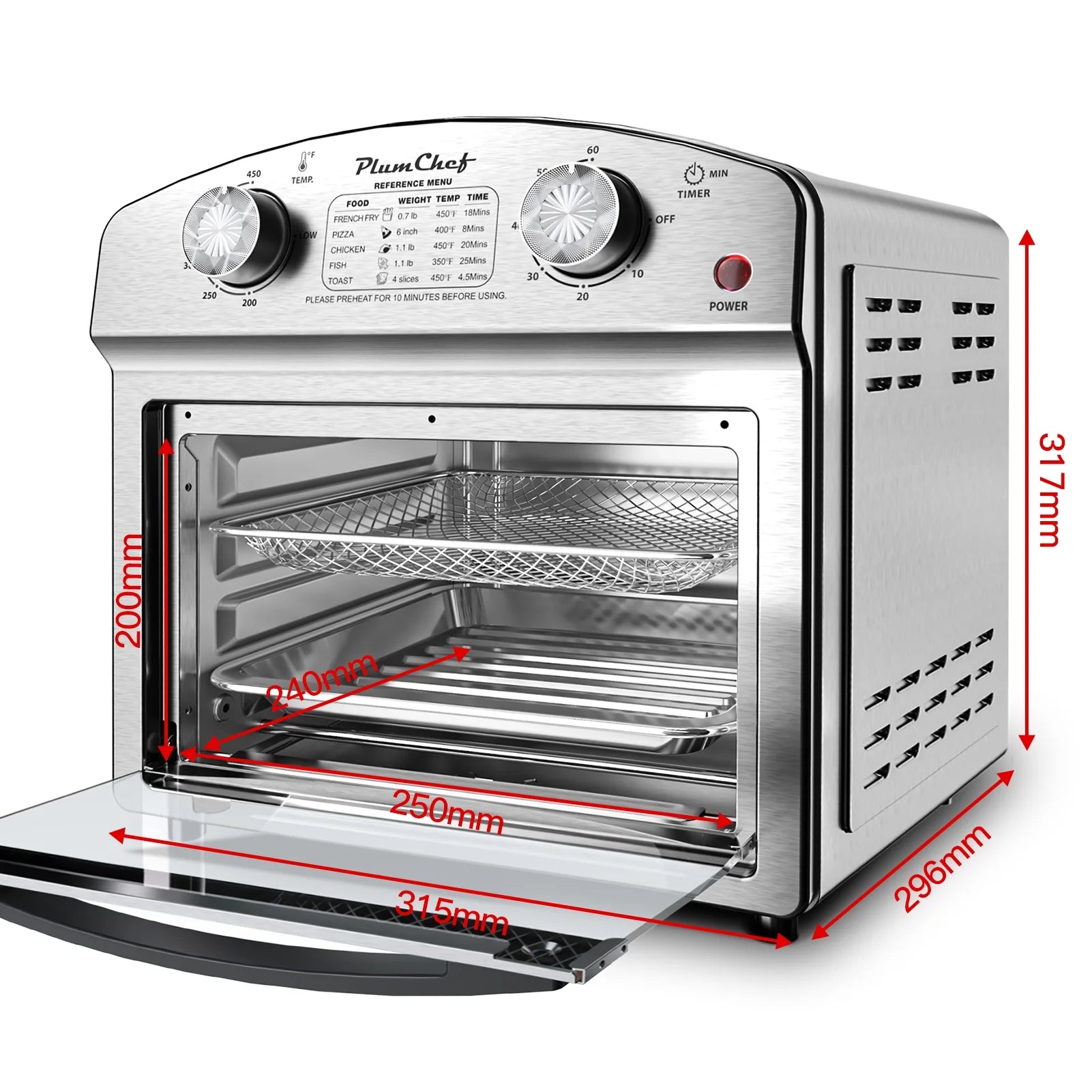PlumChef 13 Quart 4 Slices Air Fryer Convection Toaster Oven, 1500W, 7 in 1 Multifunction with Roast, Bake, Grill, Broil, Toast, Dehydrate, Defrost, Stainless Steel