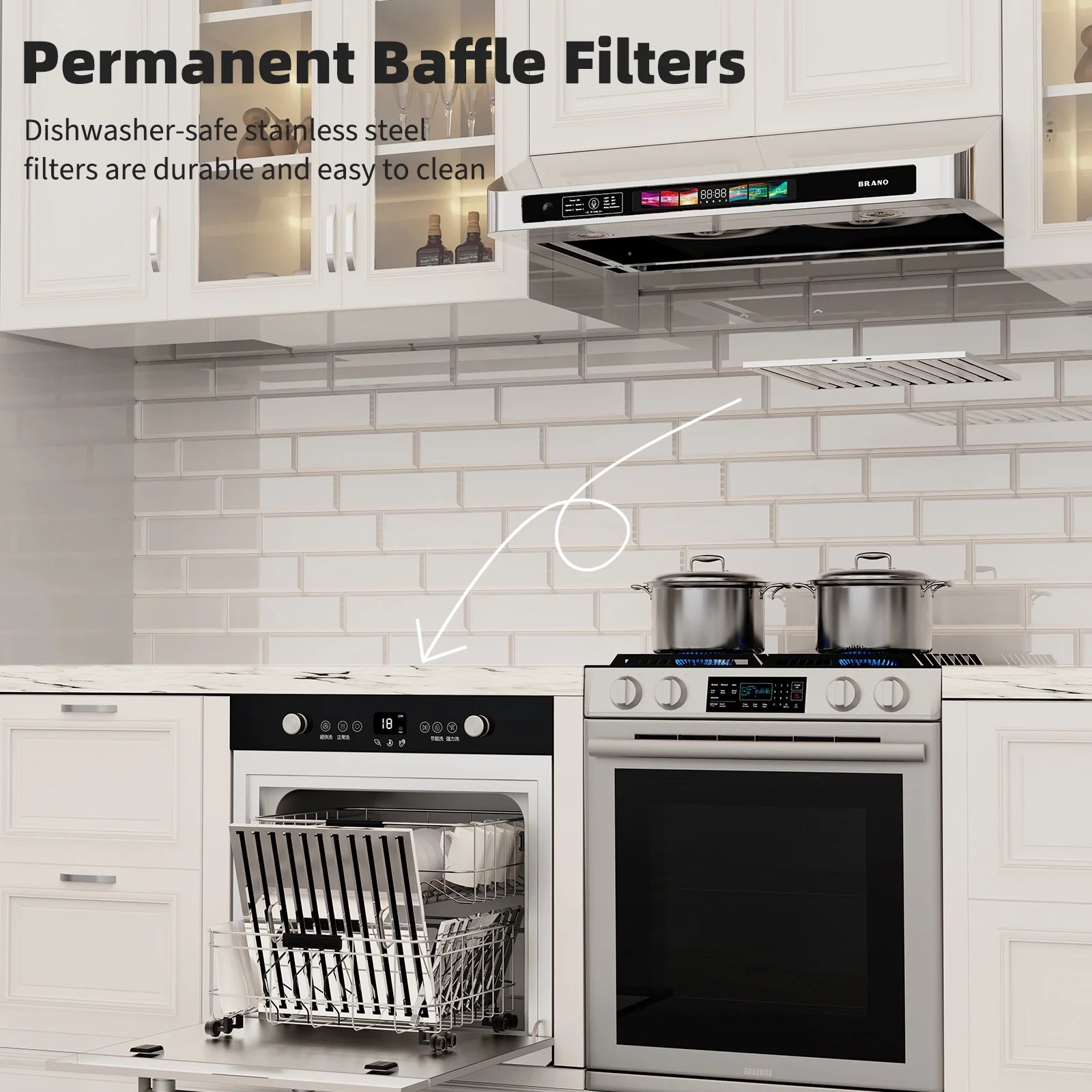 Brano 30 Inch 900 CFM Ducted Under Cabinet Range Hood in Stainless Steel with Voice, Gesture, and Touch Control
