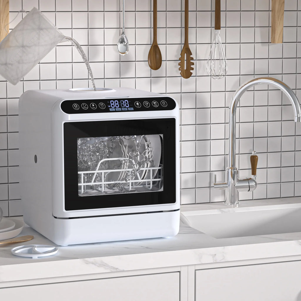 Happydeer Portable Countertop Dishwasher with 5L Water Tank, Automatic Smart Countertop Dishwasher, Mini Dishwasher with 5 Place Settings, 2-Tier Rack, 3-Spray Arm, Air-Dry Function