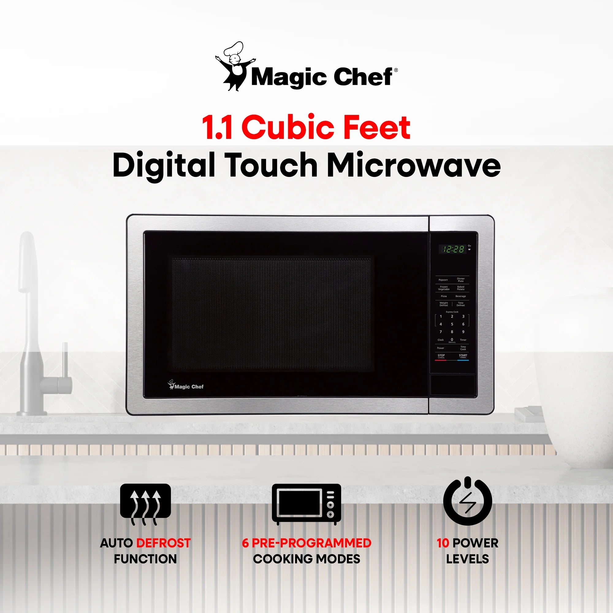 Magic Chef 1.6 Cu. ft. 1100W Countertop Microwave Oven with Push-Button Door in Black, New