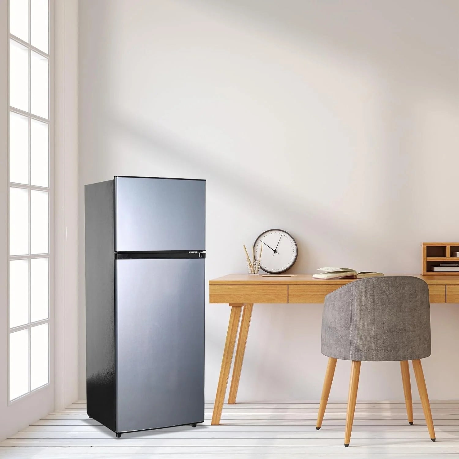 GGTB 3.5 Cu.Ft Fridge with Freezer, Double Door Refrigerator with 6 Level Thermostat, LED Light, Adjustable Glass Shelves for Bedroom, Office, Dorm, Apartment, Silver