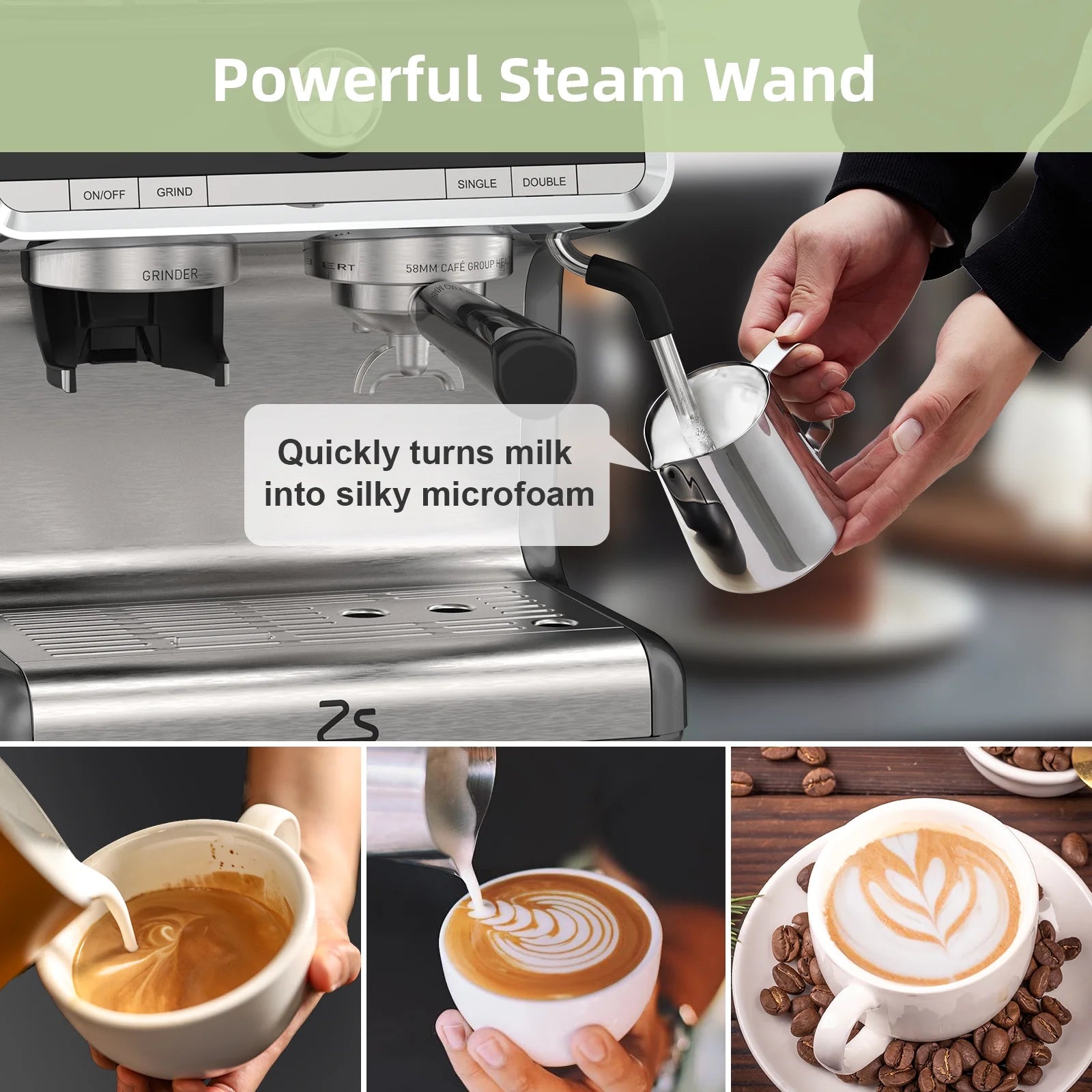 COZONY Espresso Machine 15 Bar, 2.5 L Water Tank, Semi Automatic Coffee Maker with Grinder, Milk Frother/Steam Wand, Italian Pump, All-in-One Espresso Machine, Stainless Steel, Silver