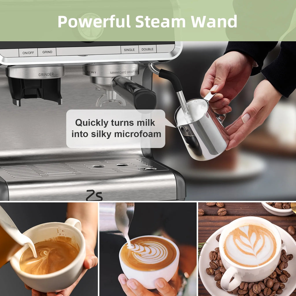 Espresso Coffee Machine with Grinder, 20 Bar Semi-Automatic Espresso Maker with Milk Frother Steamer Wand for Cappuccino, Latte, Macchiato, 2.8 L Water Tank, PID Temperature Control