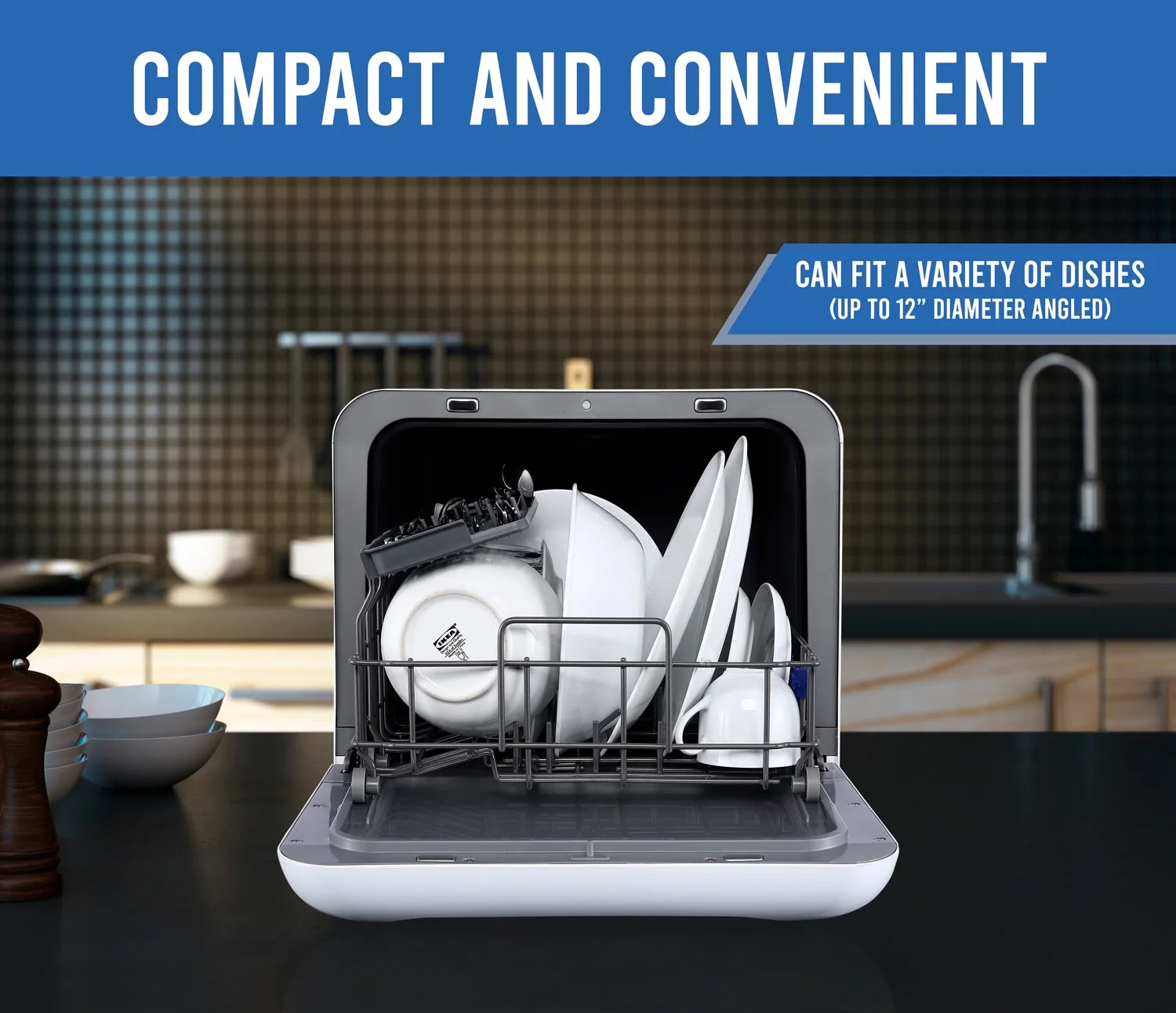 Farberware Portable Dishwasher with Built-In Water Tank with Baby Care and Fruit Wash Settings in White w/ 6-Place Setting Capacity, FDW05ASBWHA