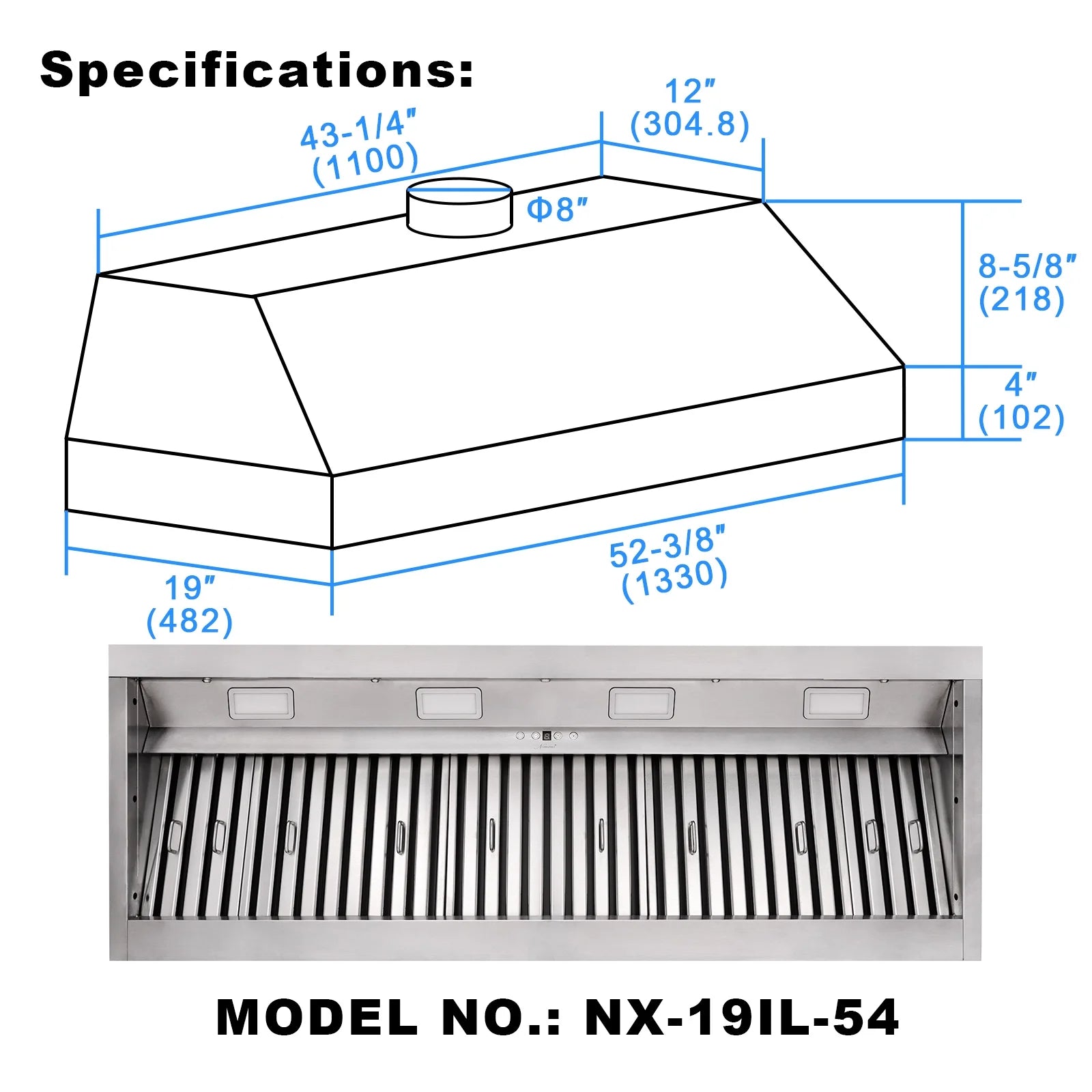 Akicon 48 Inch Range Hood Insert, Stainless Steel 8" Ducted Insert/Built-in Kitchen Vent Hood with 1200 CFM Suction, Dimmable LED Lights and Dishwasher Safe Filters, 4 Speed-Cool White