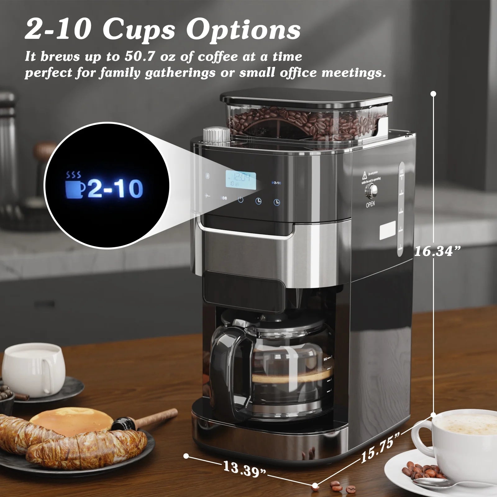 Auseo 10-Cup Drip Coffee Maker with Grinder, Grind and Brew Coffee Maker, 12-Hour Timer, 3 Brew Strength Options, Touch Screen, 1.5L Water Tank, Black
