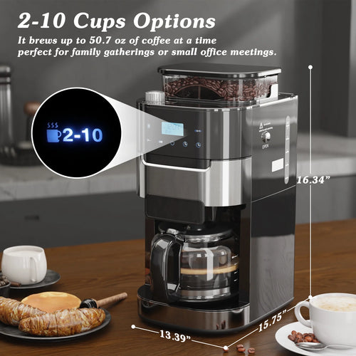 Auseo 10-Cup Drip Coffee Maker with Grinder, Grind and Brew Coffee Maker, 12-Hour Timer, 3 Brew Strength Options, Touch Screen, 1.5L Water Tank, Black