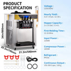BENTISM Commercial Ice Cream Maker, 22-30L/H Yield, 2200W Countertop Soft Serve Machine w/ 2x6L Hopper 2L