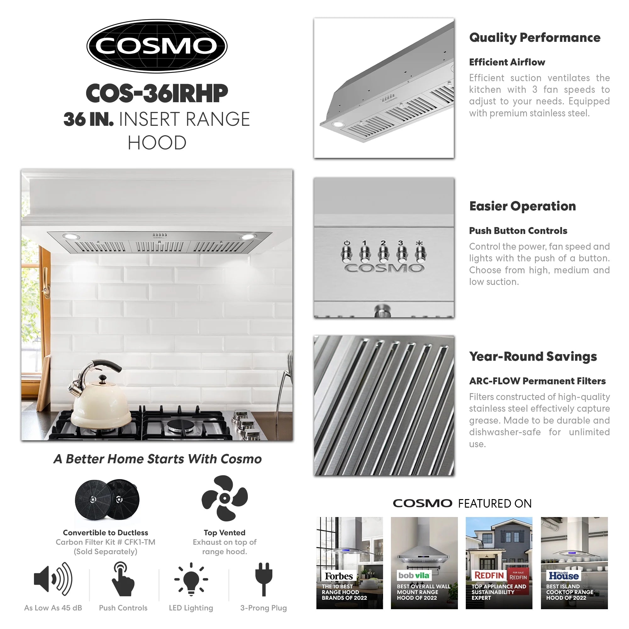 30 in. Insert Range Hood with Push Button Controls in Stainless Steel