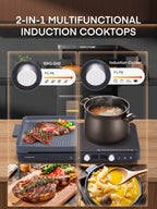 Induction Cooktop 2 Burners, 1800W Countertop Burners with Removable Cast Iron Griddle Pan Non-Stick, 8 Power Levels Control