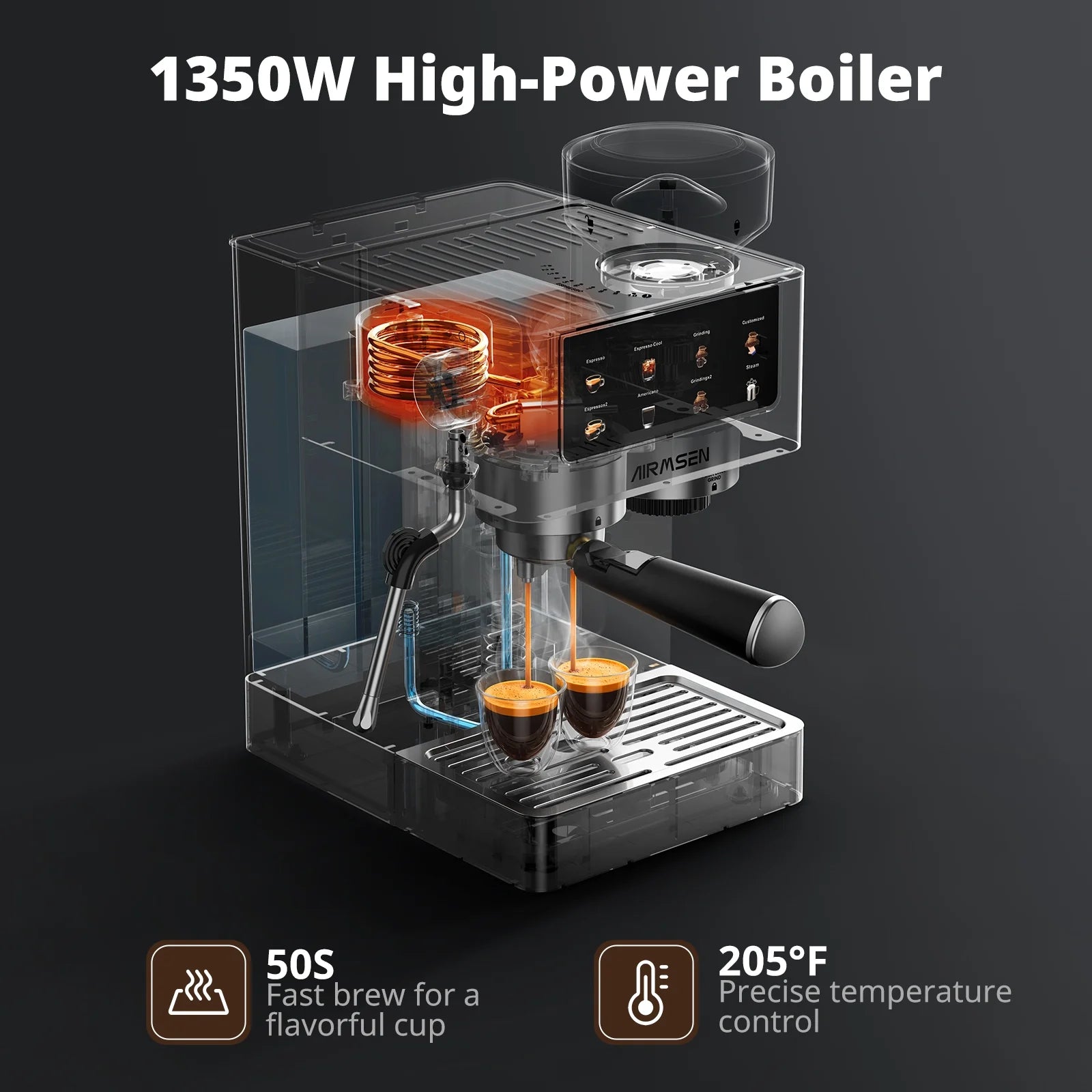 AIRMSEN Espresso Machine with Grinder, Espresso Coffee Machine with Customized Grind Amount & Coffee Volume, Cold Brew Coffee Maker for Cappuccino Latte Americano, Brushed Stainless Steel