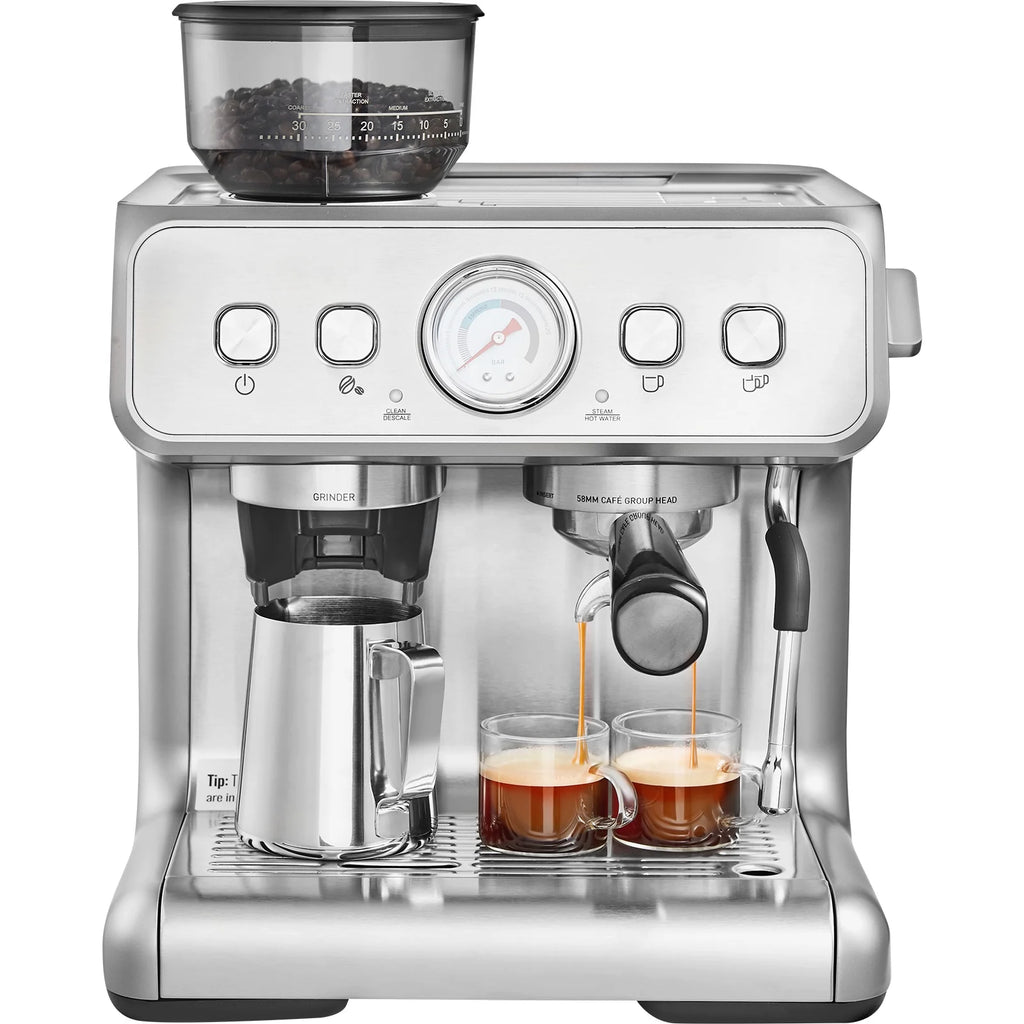 KFFKFF Coffee Machine with Grinding Feature, 15 Bar Semi-Auto Coffee Brewer with Milk Frothing Wand, Detachable Water Reservoir & Pressure Indicator for Cappuccino, Latte, Machiato, PID Regulation