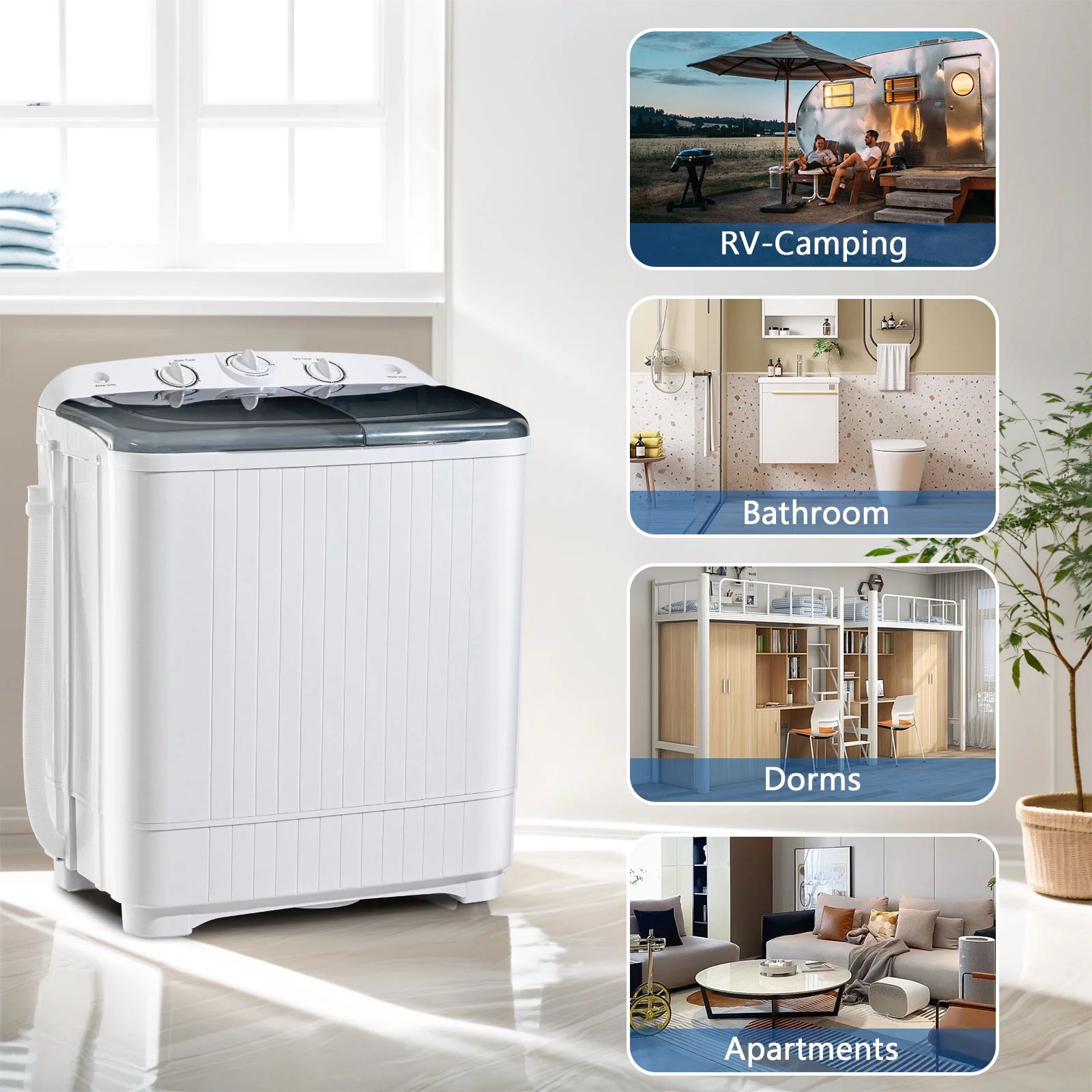 Dimedeal Portable 18lbs Twin Tub Mini Washing Machine, 11lbs Washer & 7lbs Spinner with Drying Rack & Hangers