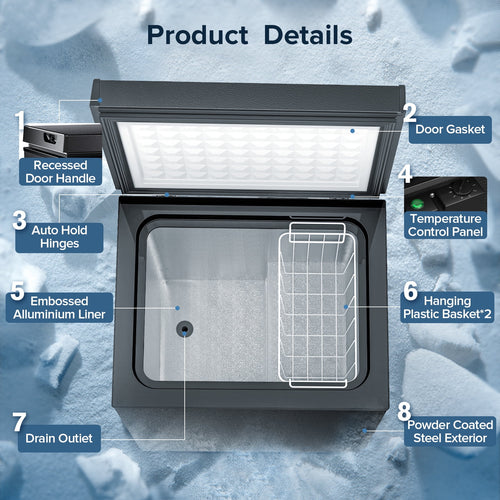 Auseo Mini Freezer Chest 3.5 cu ft,  Black Deep Freezer & Side Handle, Compact Freezer with 7 Gear Adjustable Temperature, Removable Storage Basket*2, Energy Saving