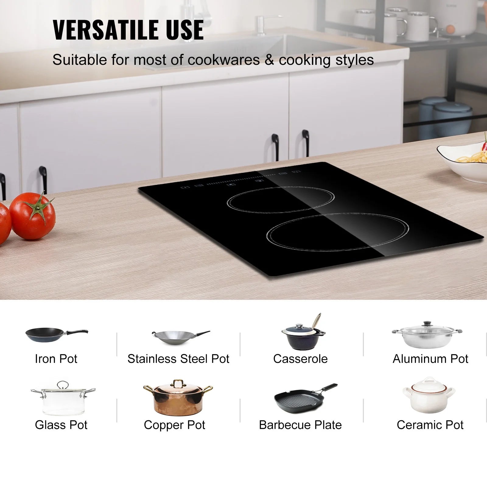 KFFKFF Electric Cooktop, 20" x 11.6" Integrated Electric Cooking Surface, 2 Burner Built-in Electric Stove with Touch Controls, Timer & Safety Lock for Any Cookware 240V 1800W