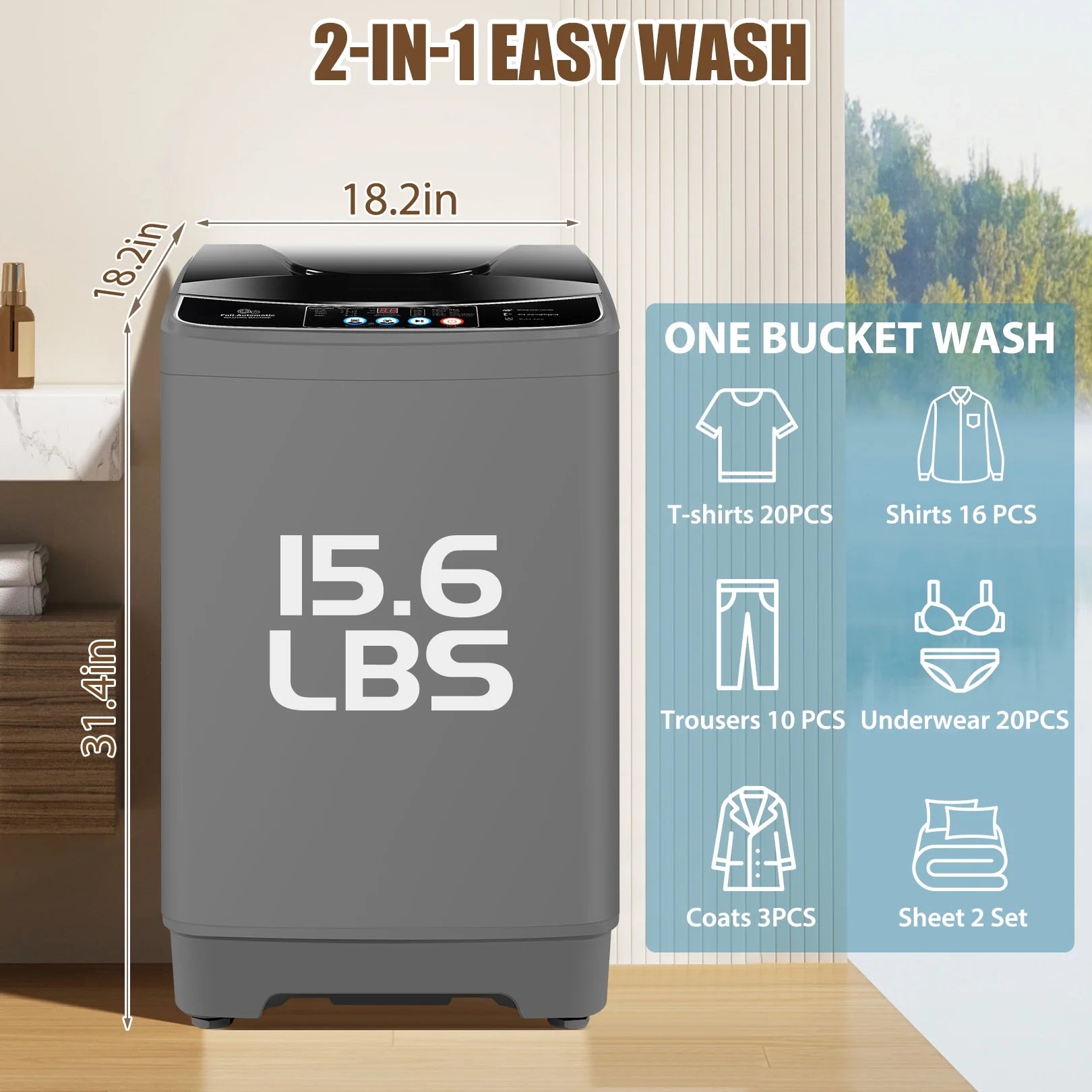 Veeboto Portable Washing Machine, 18.7Lbs Capacity Portable Washer with Drain Pump, 10 Wash Programs/8 Water Levels/LED Display, Full-Automatic Compact Laundry Washer for Apartment, Dorm, Home