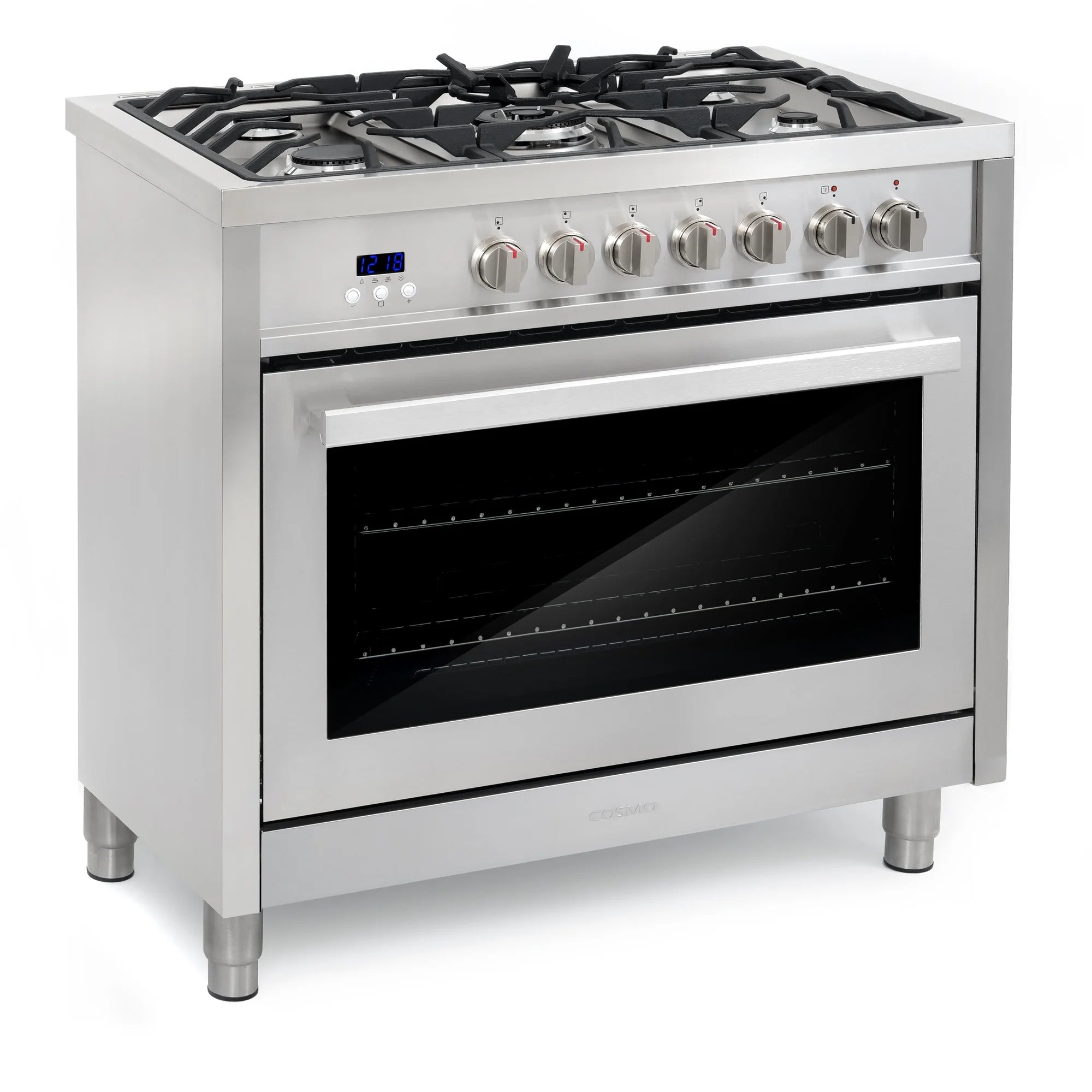Cosmo 4 Piece Kitchen Appliance Packages with 36" Freestanding 220/240V Dual Fuel Range 36" Island Range Hood 24" Built-in Integrated Dishwasher & French Door Refrigerator Kitchen Appliance Bundles