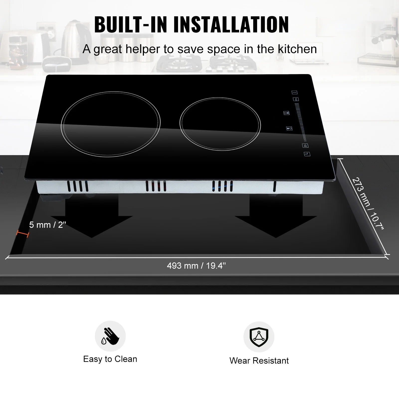 KFFKFF Electric Cooktop, 20" x 11.6" Integrated Electric Cooking Surface, 2 Burner Built-in Electric Stove with Touch Controls, Timer & Safety Lock for Any Cookware 240V 1800W