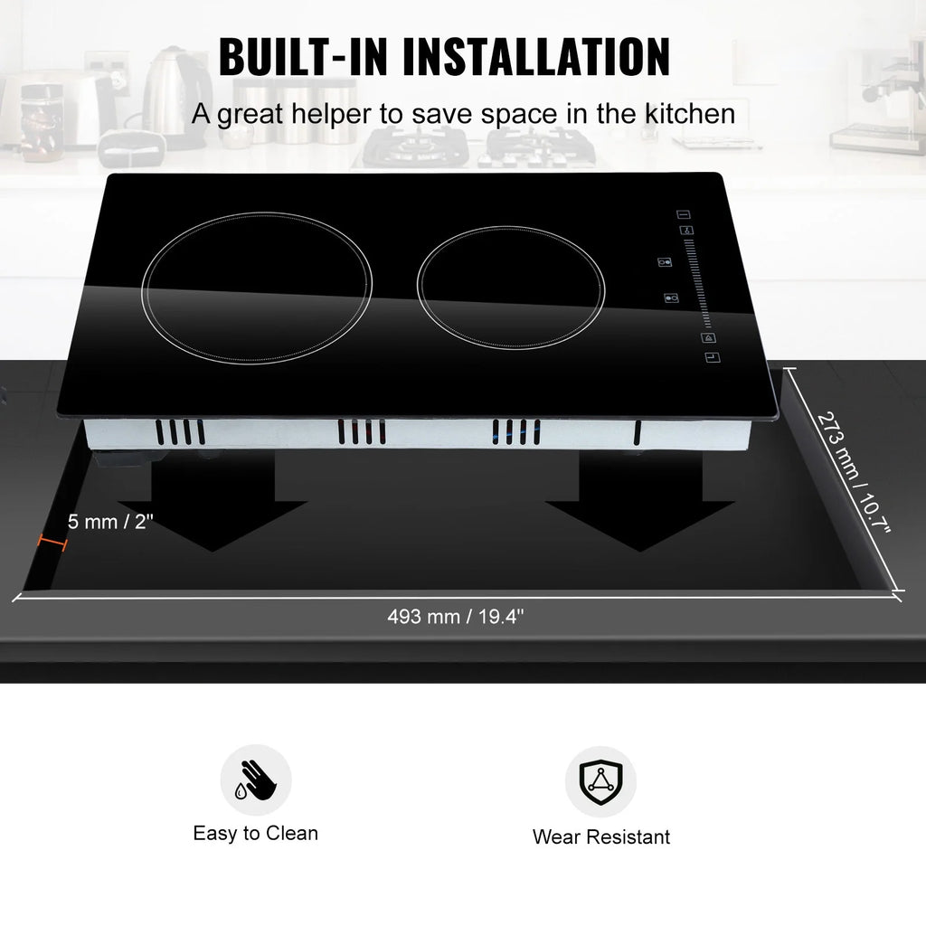 KFFKFF Integrated Electric Cooking Surface, Dimensions 20 x 11.6 inches, Dual Heating Elements, 240V Glass-based Heat Conductor with Sensitive Touch Commands, Inclusive of Timer & Safety Lock for Kid