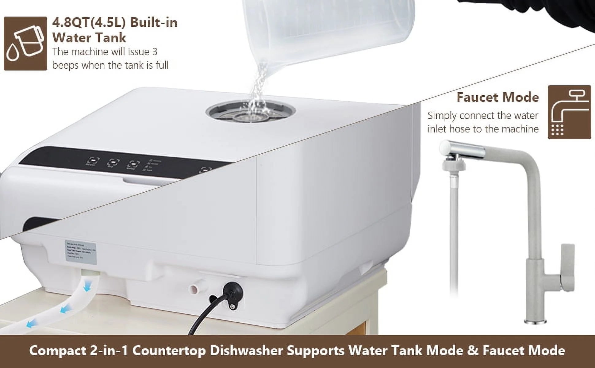 Danolapsi Countertop Dishwasher,Mini Dishwasher with 4.5L Water Tank, 5 Programs, Dual Sprays,149�H High Temp & PTC Hot Air Dry,Portable Dishwashers for RVs & Apartments