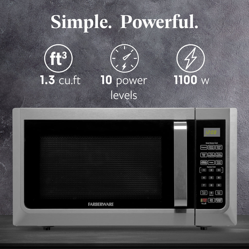 Farberware Countertop Microwave Ov 1100 Watts, 2.2 cu ft - Smart Sensor With LED Lighting and Child Lock - Perfect for Apartments and Dorms - Easy Clean Black Interior, Stainless Steel