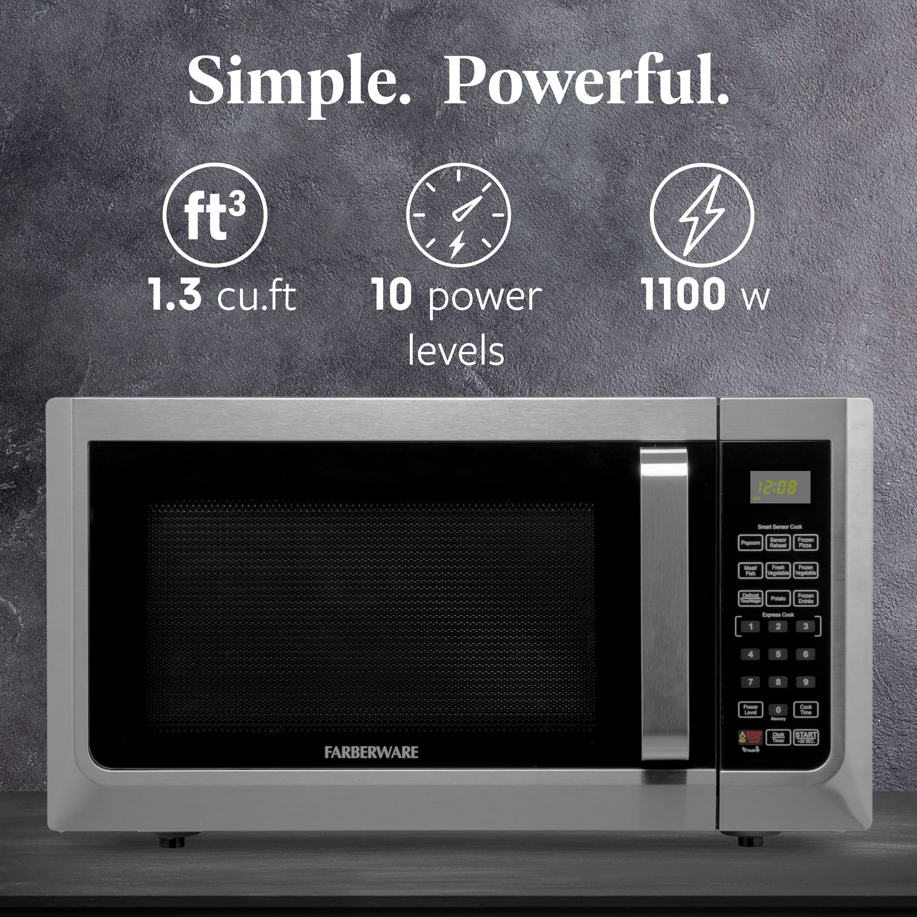 Farberware Countertop Microwave Ov 1100 Watts, 2.2 cu ft - Smart Sensor With LED Lighting and Child Lock - Perfect for Apartments and Dorms - Easy Clean Black Interior, Stainless Steel