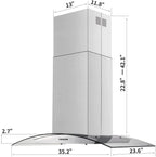 Tieasy Island Range Hood 36 inch Kitchen 3 Speed Extractor Fan Aluminum Filter Tempered Glass