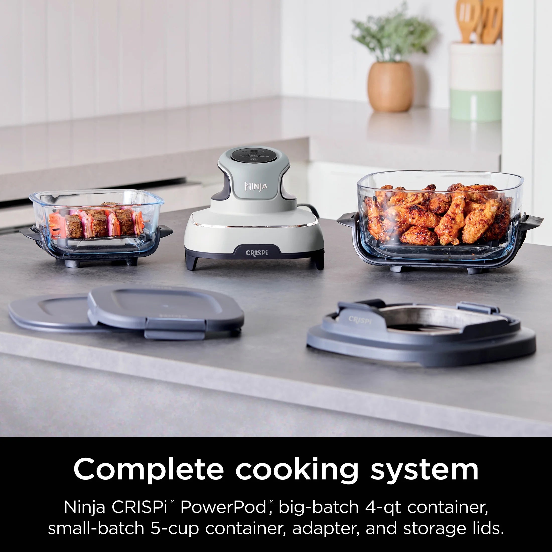 Ninja Crispi 3-in-1 Portable Glass Air Fryer Cooking System, 1500W, 4-Qt & 5-Cup TempWare Glass Containers with Storage Lids, Microwave, Freezer & Dishwasher Safe, White, FN100WH