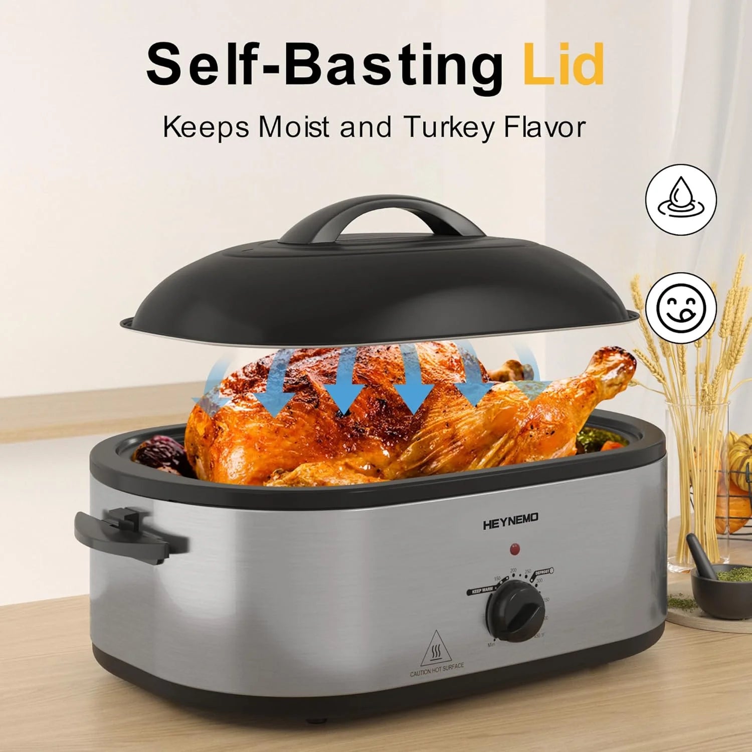 18 Quart Electric Roaster Oven, Turkey Roaster Electric, Roaster Oven Buffet, Selfbasting Lid, Removable Pan, Full-Range Temperature Control Cool-Touch Handles, White Body, Black Lid