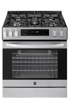 Kenmore 22-76853 5.6 cu. ft. Front-Control 5 Burner True Convection Gas Range with Oven, Large Window, Three Oven Racks, Dishwasher Safe Cast Iron Grates