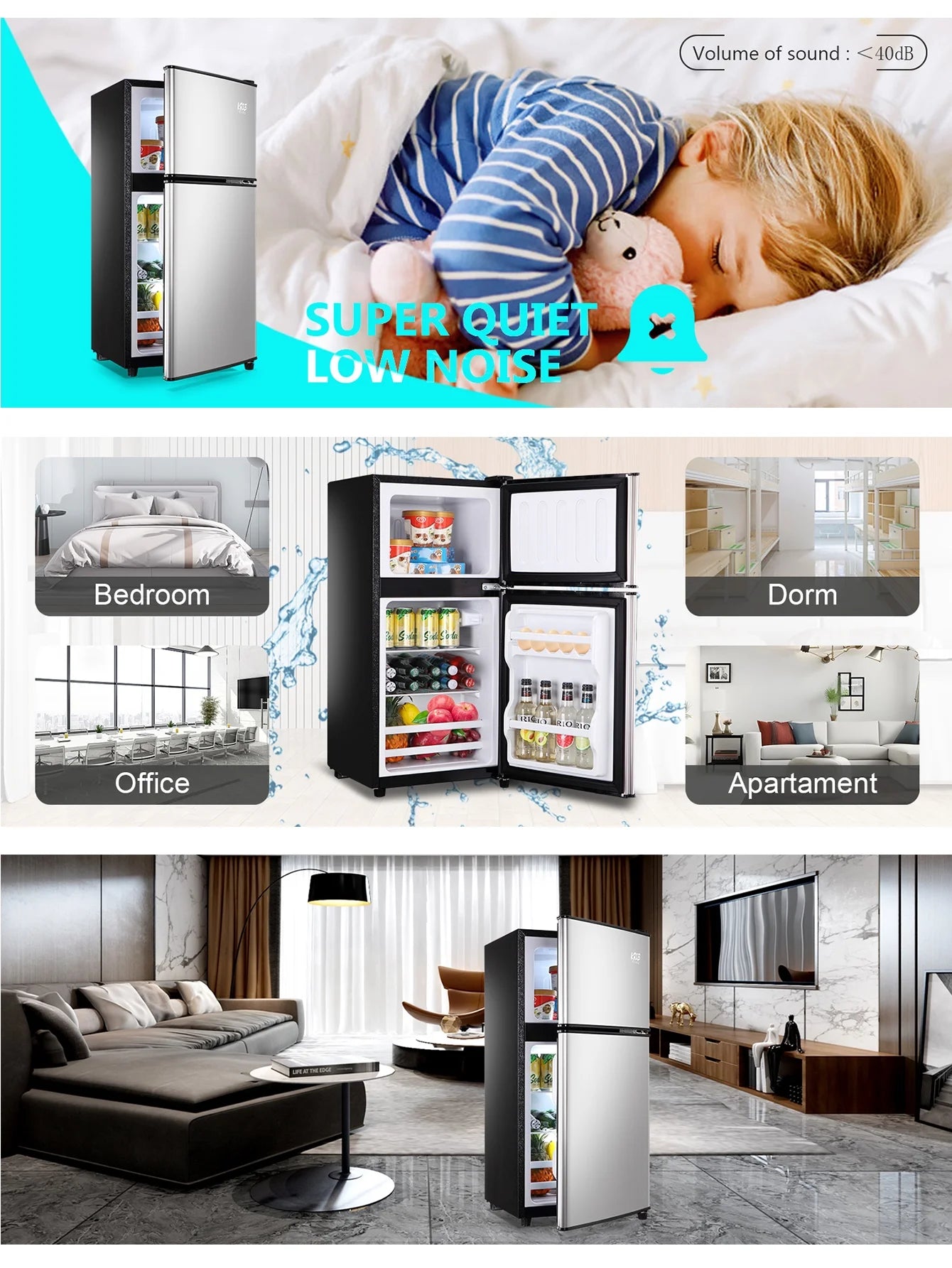 KRIB BLING 3.2 Cubic Feet Double Door Mini Fridge with Freezer, Mini Compact Refrigerator 2 Doors for Dorm, Office, Apartment, RV, Bedroom, Black