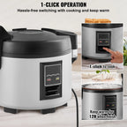 KFFKFF Industrial Rice Steamer, 45-Cup Capacity, 9.51 Qt / 9 Liter Voluminous Rice Maker and Heater with Nonstick Cooking Chamber, Swift Preparation and 12-Hour Heat Retention