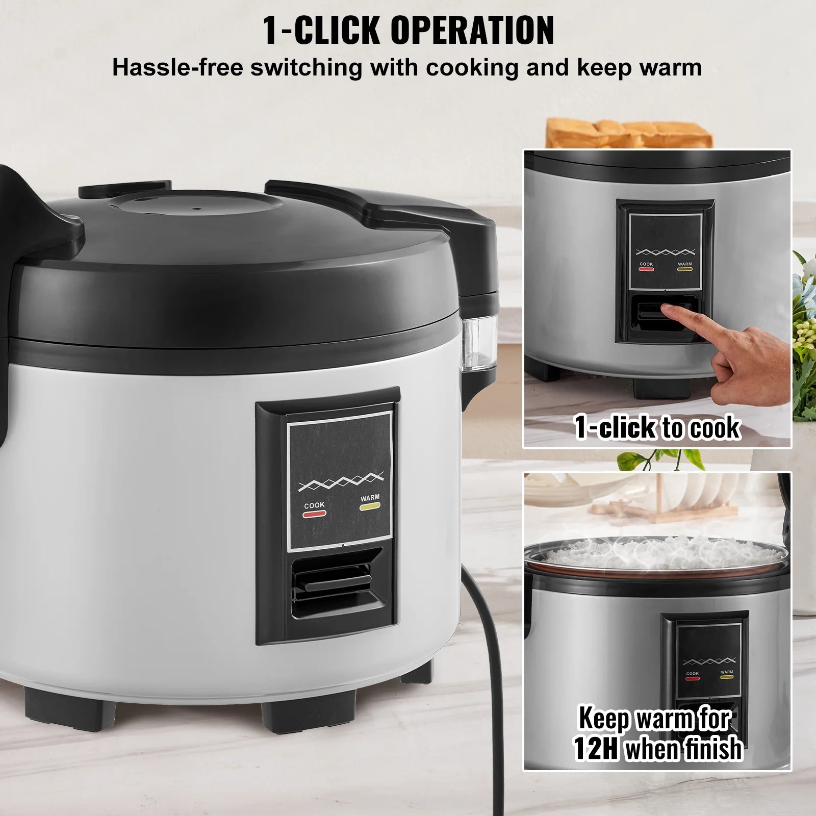 KFFKFF Industrial Rice Steamer, 45-Cup Capacity, 9.51 Qt / 9 Liter Voluminous Rice Maker and Heater with Nonstick Cooking Chamber, Swift Preparation and 12-Hour Heat Retention