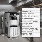 KFFKFF Soft Serve Ice Cream Machine for Commercial Use, 34-44 L/H Production, 3400W, Triple Flavor, Freestanding Design, Dual 9L Stainless Hoppers, LED Control for Single Cylinder