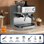 Espresso Machine with Built-in Grinder,Italian ULKA 15 Bar Espresso Machine - 85oz Water Tank, Dual PID Control, Milk Frother & Auto-Cleaning for Perfect Lattes and Cappuccinos