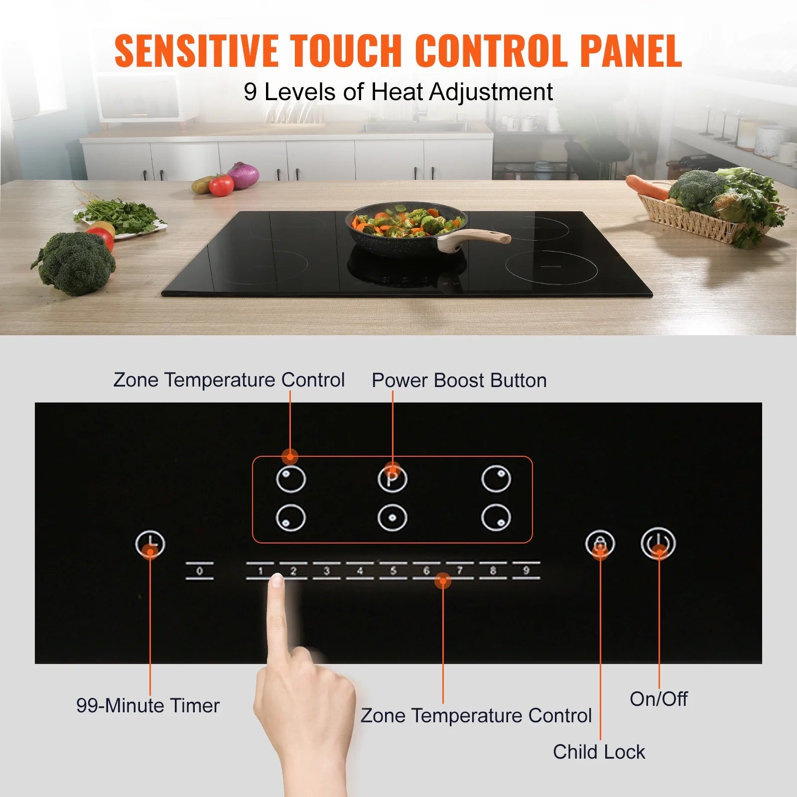BENTISM 36 inch Electric Cooktop 5 Burners Ceramic Glass Stove Top Touch Control 9200W 9 Heat Levels Built-in Electric Stove