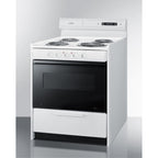 30" wide electric coil top range in white with black door, oven window, and high backguard