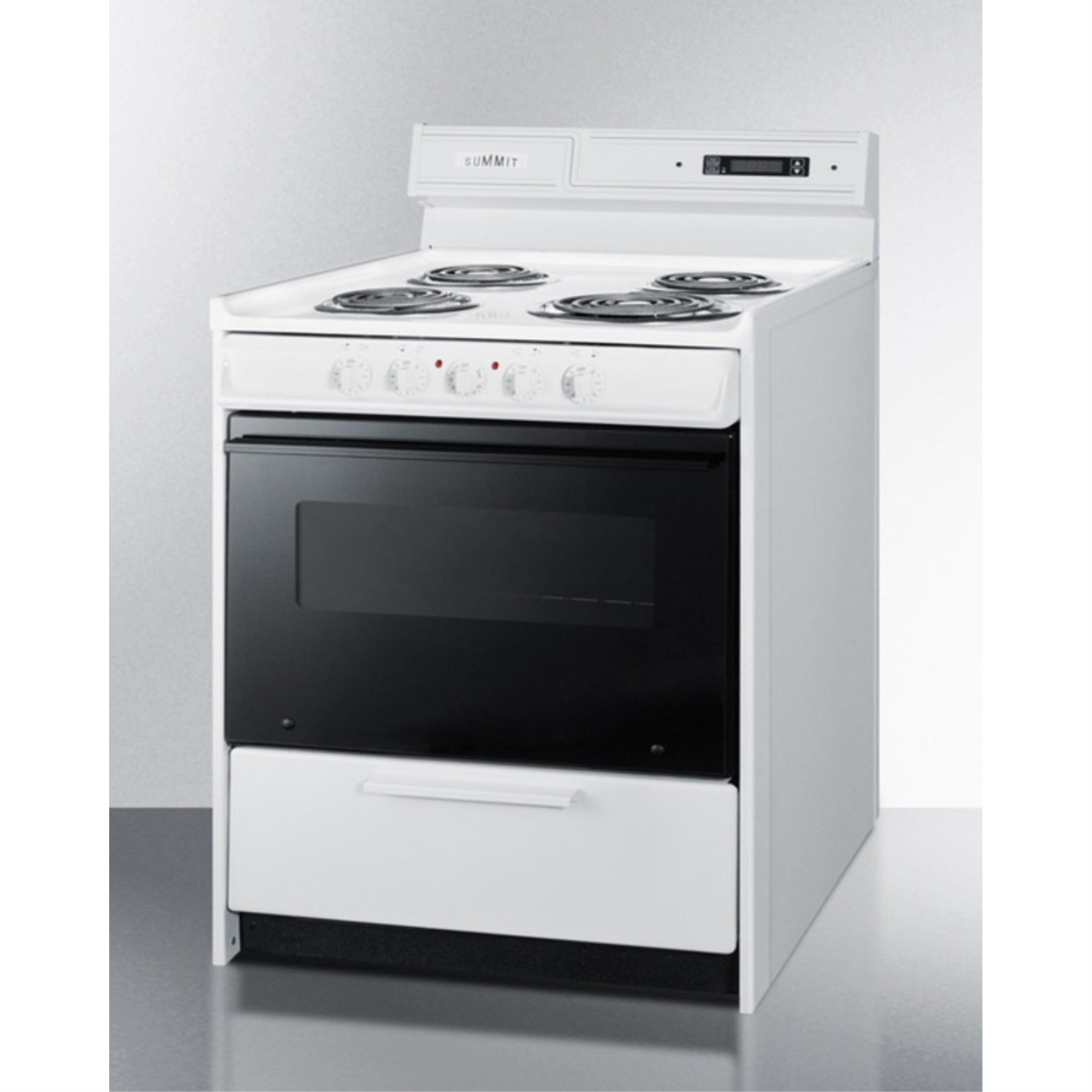 30" wide electric coil top range in white with black door, oven window, and high backguard