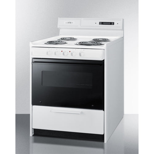 30" wide electric coil top range in white with black door, oven window, and high backguard