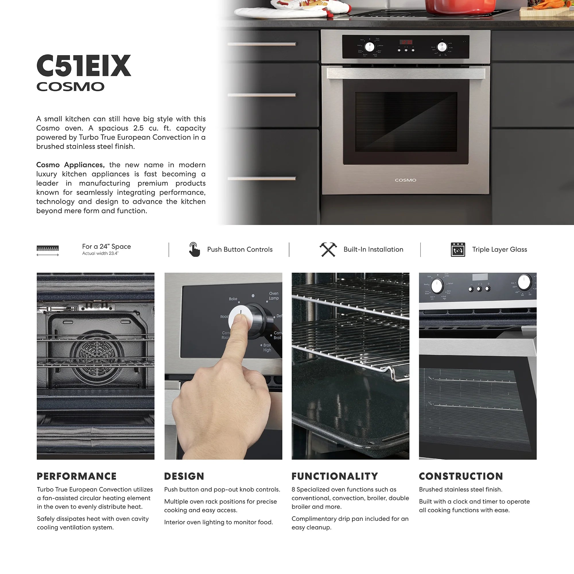 Cosmo C51EIX 24 in. Electric Built-In Stainless Steel Convection Wall Oven