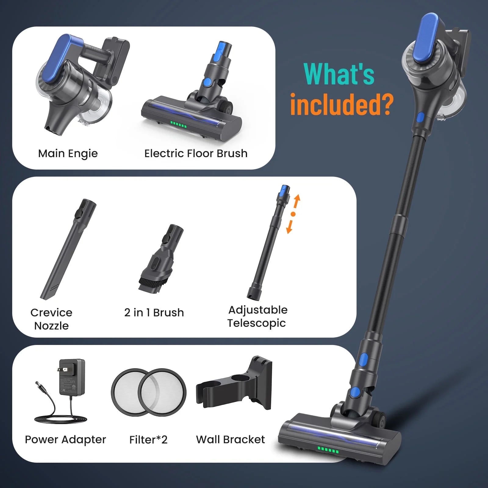 Cordless Vacuum Cleaner, 23kPa, Lightweight Stick Vacuum for Hard Floor, Carpet, Pet Hair, 55 Mins Runtime, Blue