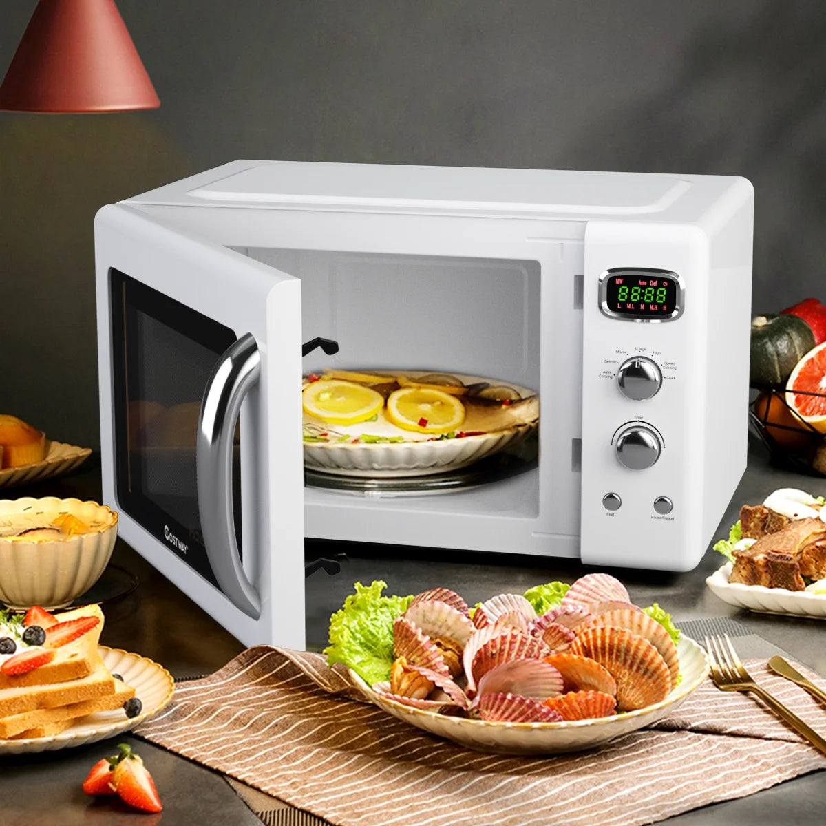 Costway 0.9Cu.ft. Retro Countertop Compact Microwave Oven 900W 8 Cooking Settings White