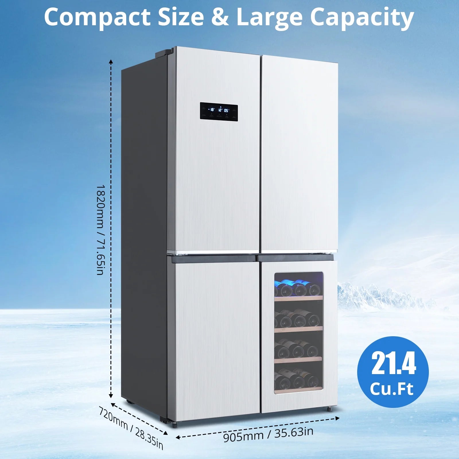 Tookss 21 Cu.Ft French Door Refrigerator, Counter Depth Stainless Steel Refrigerators, Multifunctional Fridges with Freezer, Refresh, and Wine Cooler for Kitchen, Bedroom, Office, Dorm