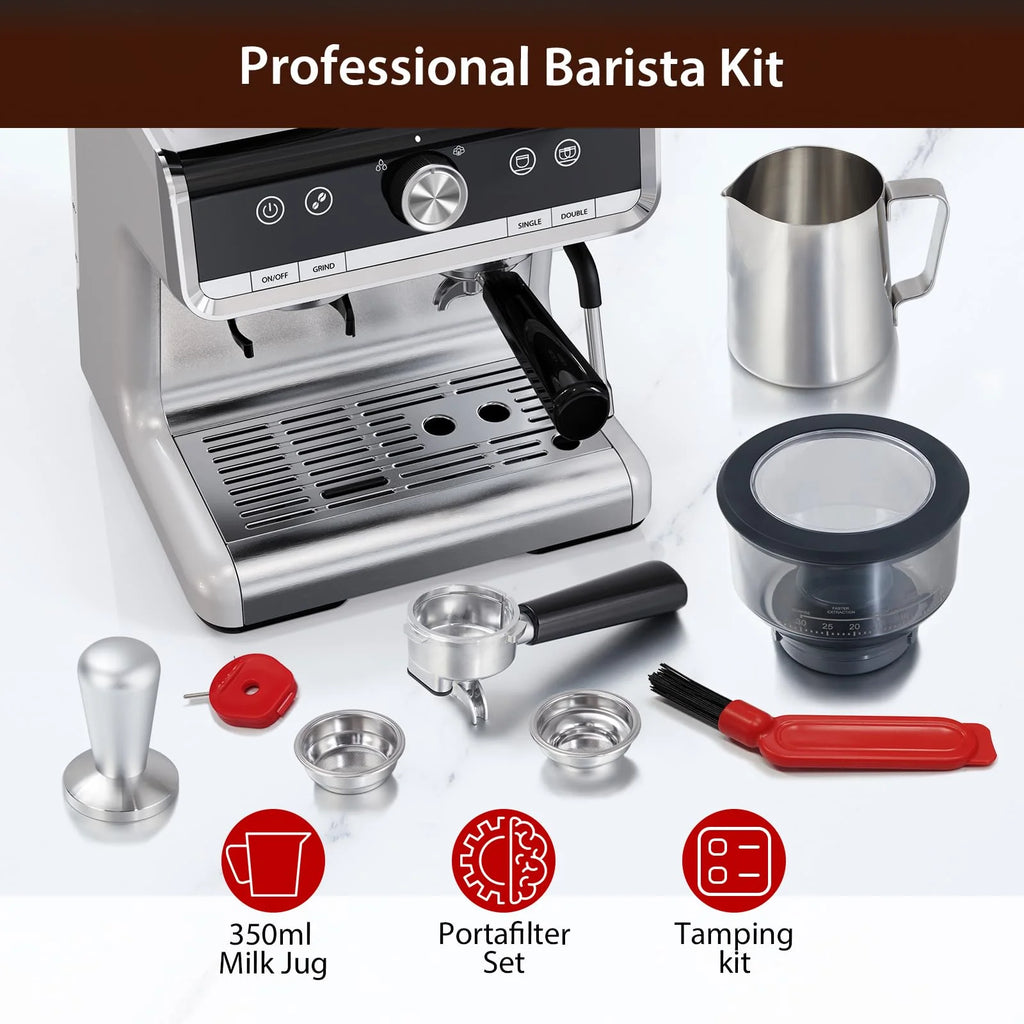 Espresso Coffee Machine with Grinder, 20 Bar Semi-Automatic Espresso Maker with Milk Frother Steamer Wand for Cappuccino, Latte, Macchiato, 2.8 L Water Tank, PID Temperature Control