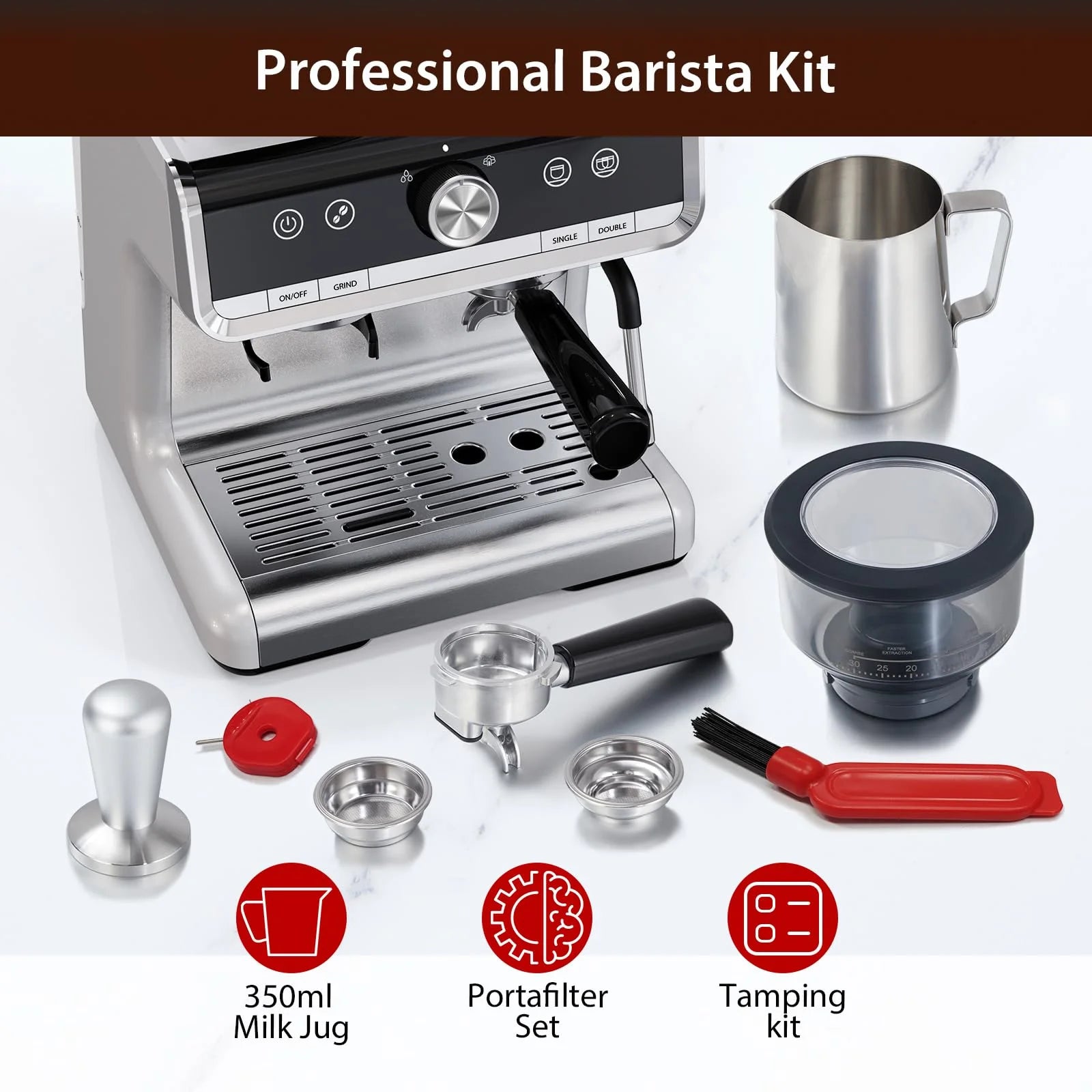 Espresso Coffee Machine with Grinder, 20 Bar Semi-Automatic Espresso Maker with Milk Frother Steamer Wand for Cappuccino, Latte, Macchiato, 2.8 L Water Tank, PID Temperature Control