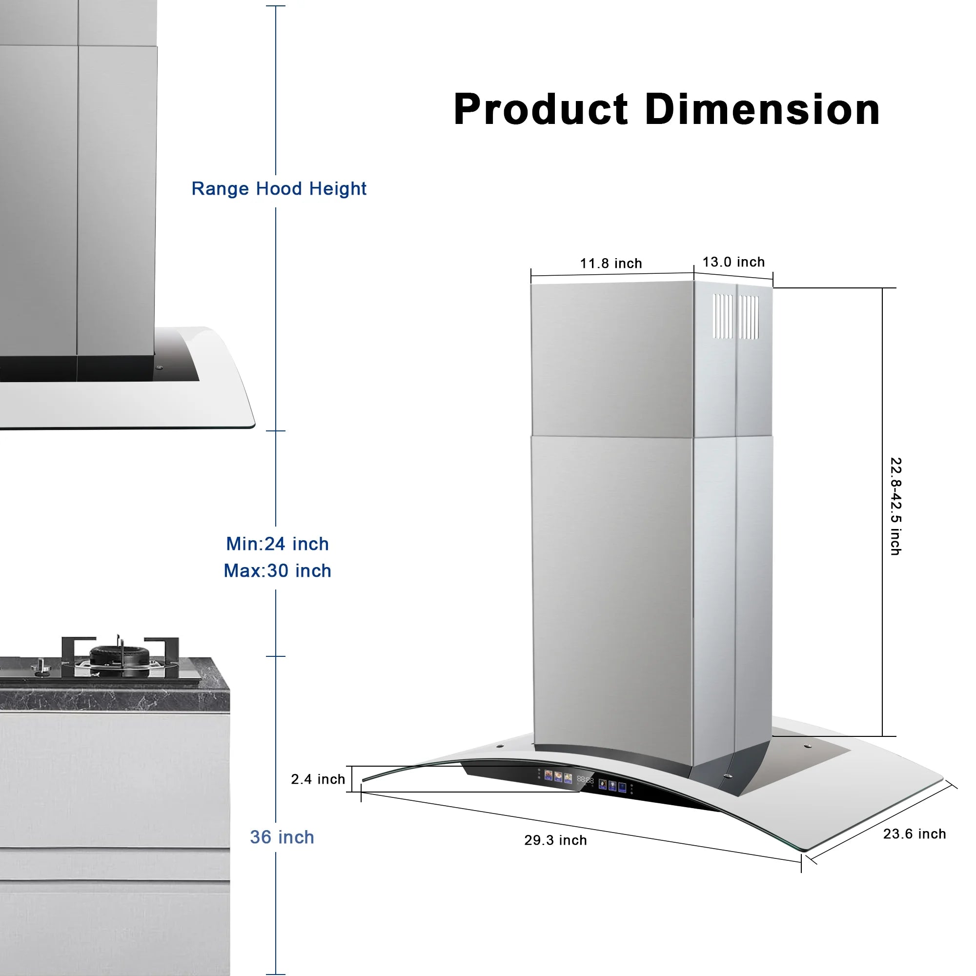 30 inch Stainless Steel Island Mount Range Hood 700 CFM, 120V Exhaust Fan, 3-Speed 65dB, Gesture Control & LED Lights?